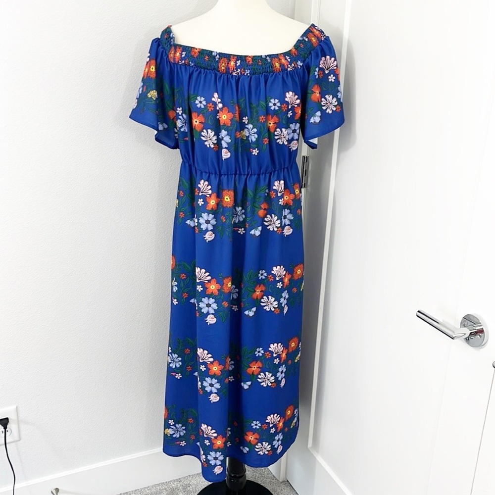 Shein 1X Blue, Orange Floral Off Shoulder Dress with Pockets